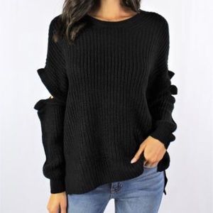 New Black Crew Neck Sweater with Elbow Cut Outs